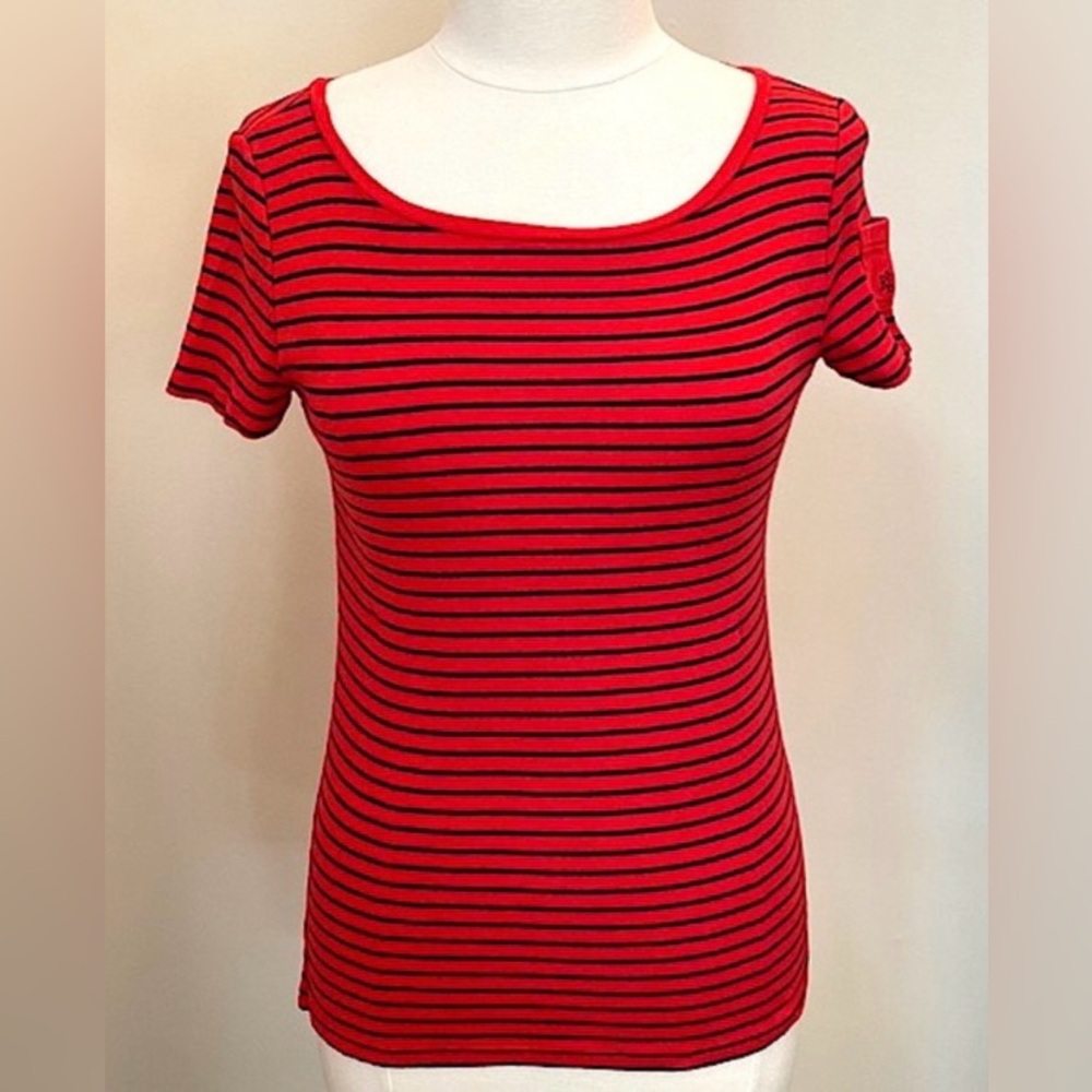 Lauren Ralph Lauren Red Blue Striped SZ M Nautical Preppy Coastal Yacht Club Top